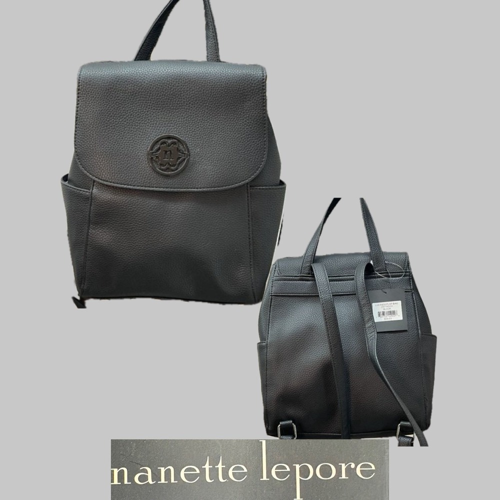 Nanette Lepore Logo Lucinda Flap Bag Black Pebbled Vegan Leather Backpack New